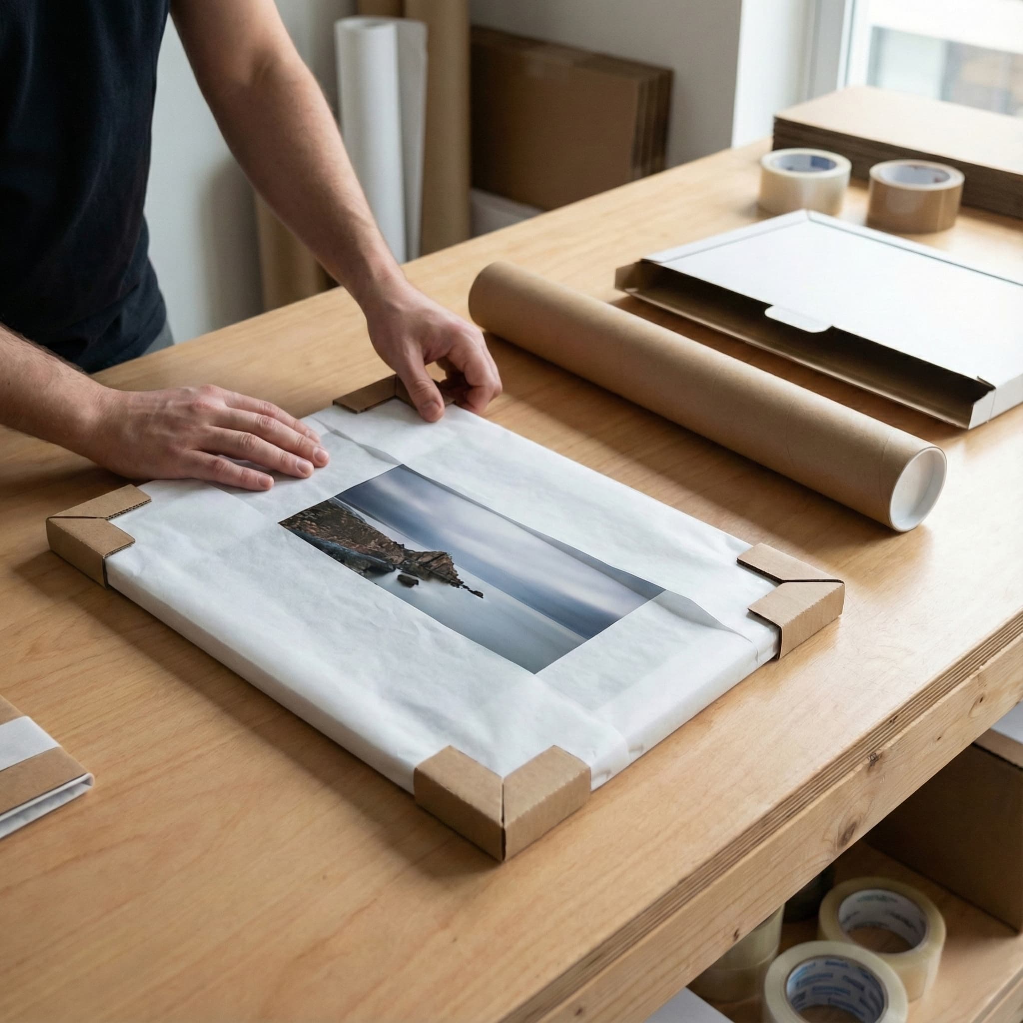 Carefully packing and wrapping art prints